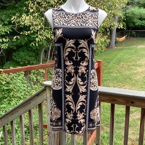 Carmen Marc Valvo cheetah and Roman print curve fit sheath dress size S